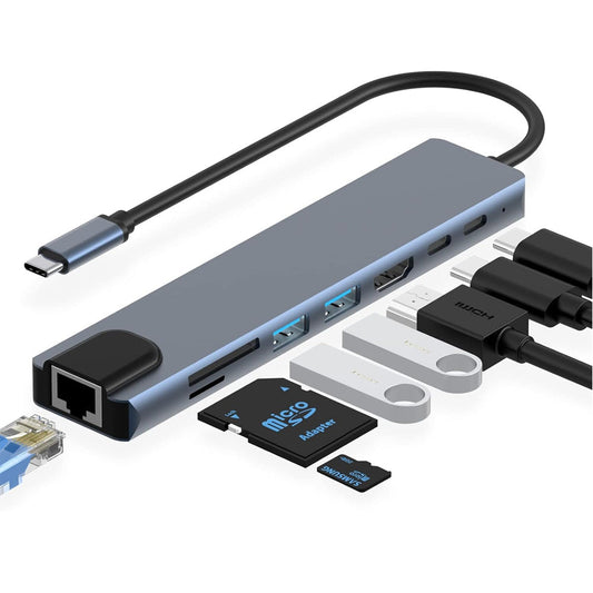 8in1 Hub USB-C To Type-C USB 3.0 4K HDMI RJ45 Ethernet SD TF OTG PD Port Adapter Tristar Online