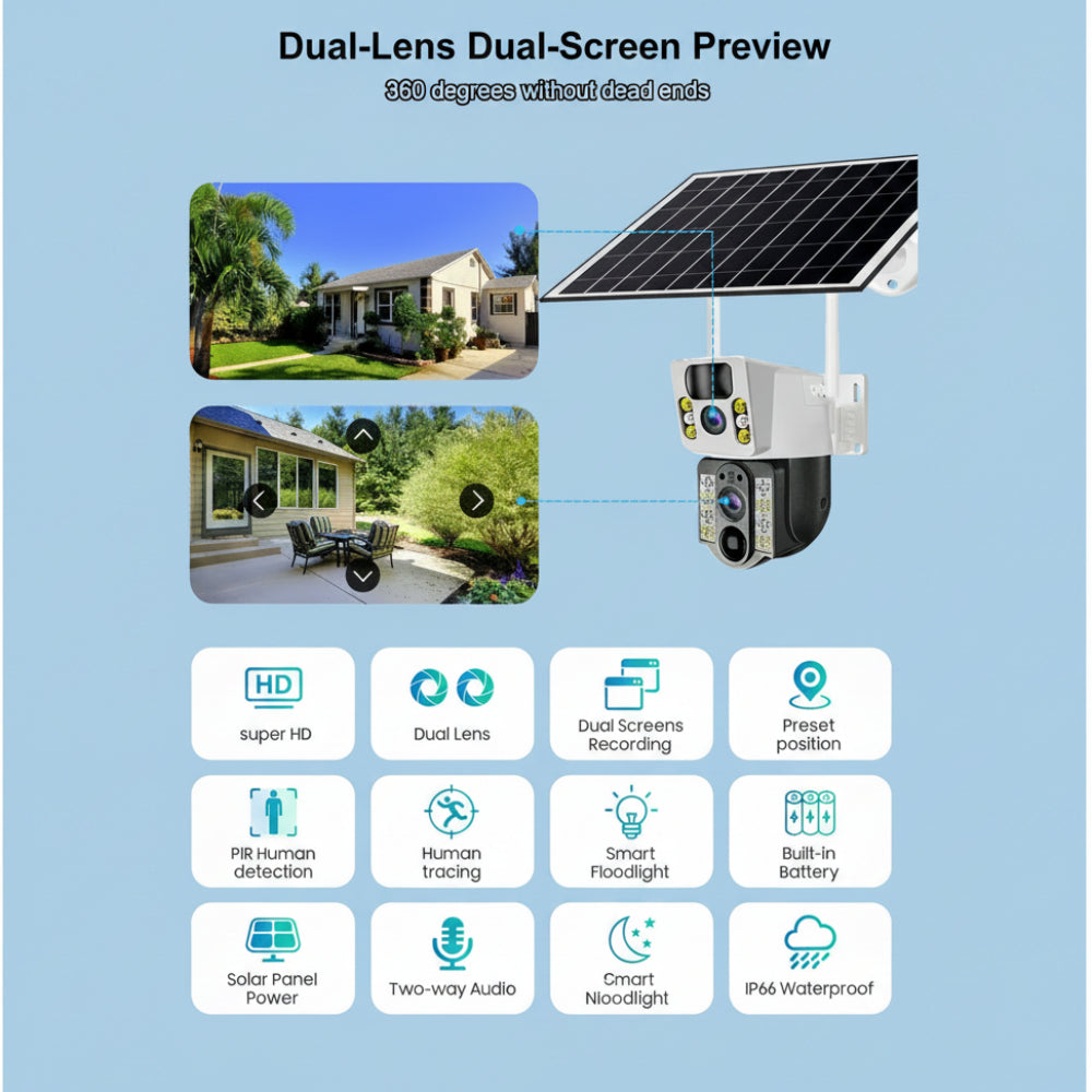 8MP 4K Wireless Solar Camera - 4G SIM & WiFi Outdoor Dual Lens IP Security Camera - PIR Motion Detection - V380  - Pristine - Refurbished Tristar Online