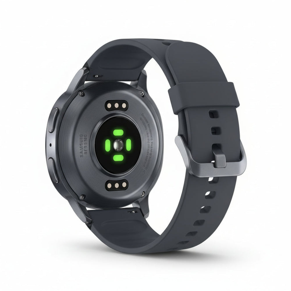 Angled close‑up of Galaxy Watch 8 40mm Black highlighting slim cushion design and black aluminium case.