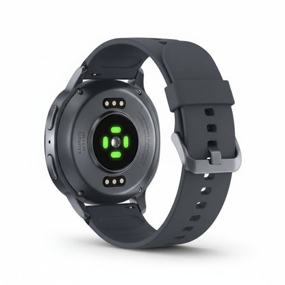 Angled close‑up of Galaxy Watch 8 40mm Black highlighting slim cushion design and black aluminium case.