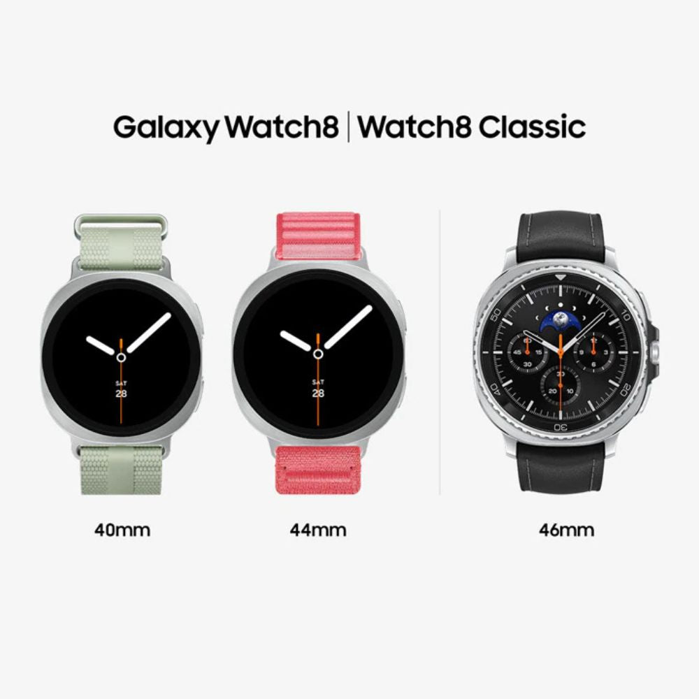 Side profile of Galaxy Watch 8 40mm showing thin 8.6 mm body and smooth lugs with black sport band.