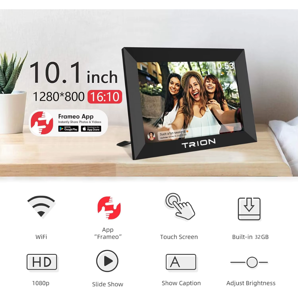 Trion Smart WiFi Digital Photo Frame 10.1-inch - HD IPS Touch Screen, 1280x800 Resolution, 32GB Memory, Auto Rotate, Wall Mountable, Frameo App Trion
