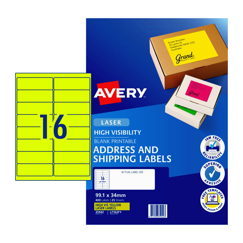 AV LsrLbl Yl L7162FY 16Up Pk25 Avery