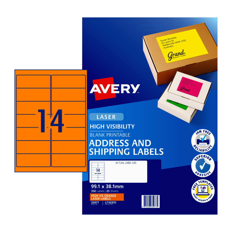 AV Laser Lbl Orng L7163FO Pk25 Avery