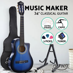 Alpha 34" Inch Guitar Classical Acoustic Cutaway Wooden Ideal Kids Gift Children 1/2 Size Blue with Capo Tuner Tristar Online