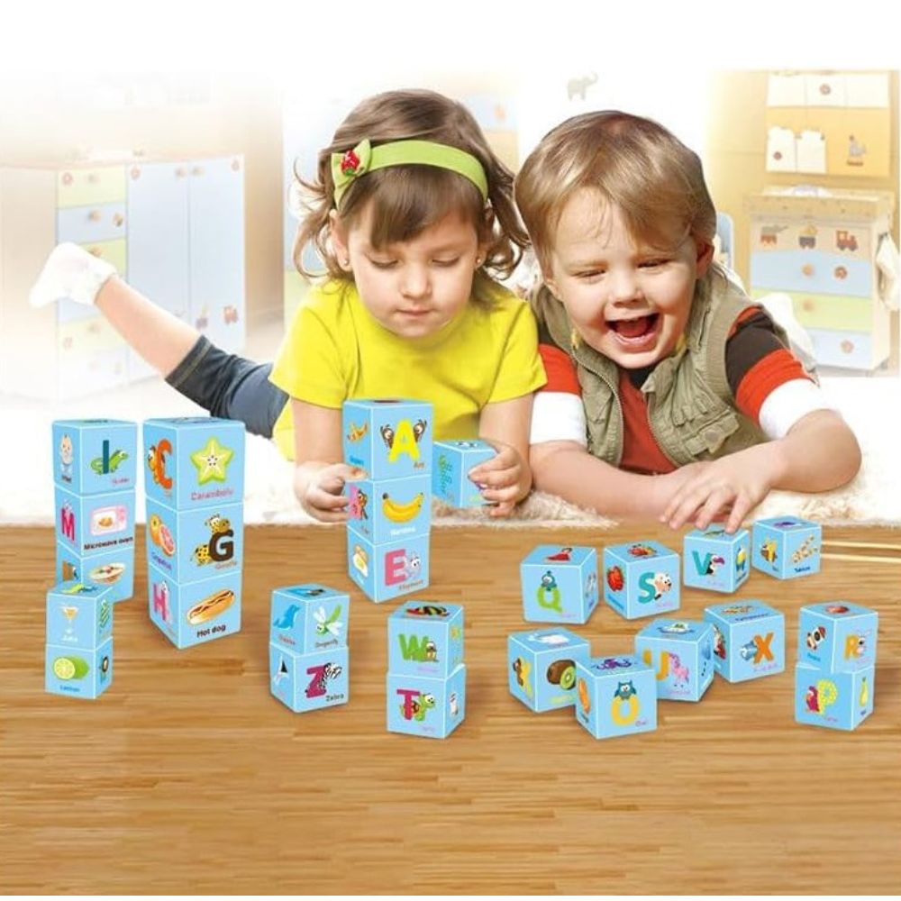 Alphabet cube puzzle blocks shown front view with multiple letters visible