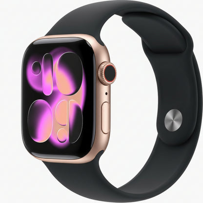 Refurbished Apple Watch Series 10 Rose Gold, angled view showing sport band