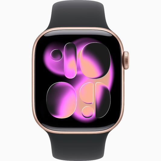 Pristine refurbished Apple Watch Series 10 46mm Rose Gold with sport band, front view