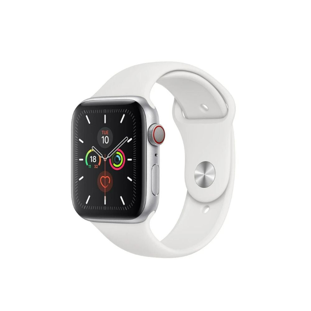 Refurbished Apple Watch Series 5 Silver 44mm, angled view with white band
