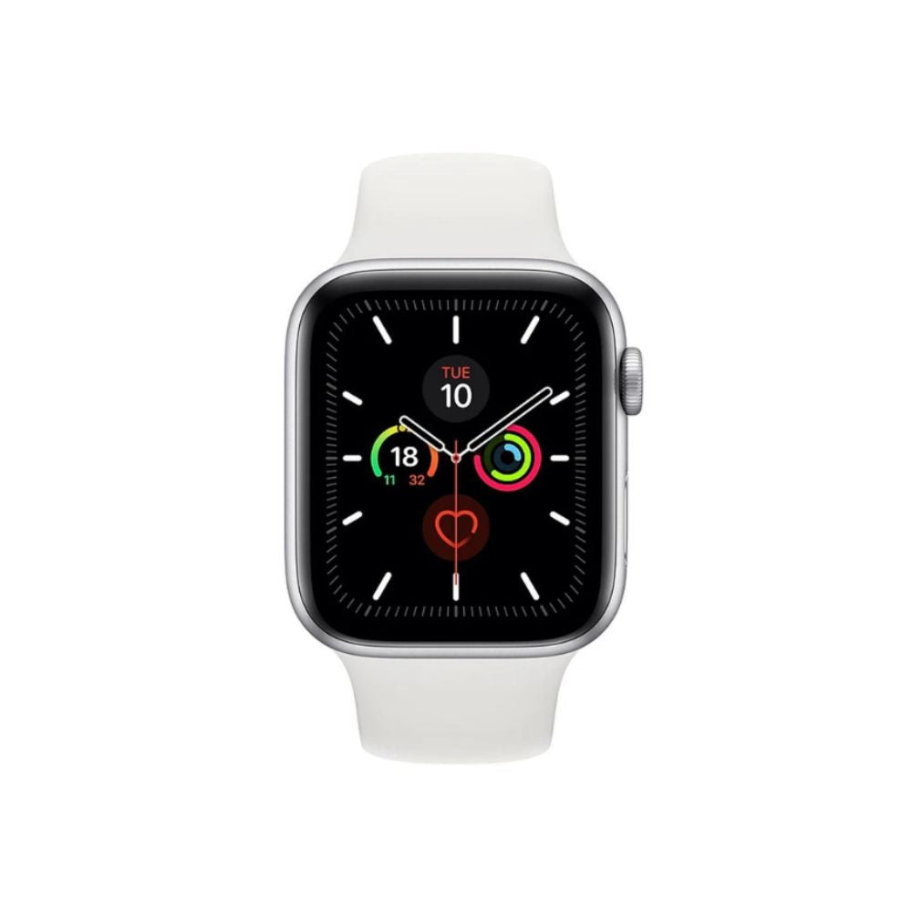 Excellent refurbished Apple Watch Series 5 44mm Silver with white sport band, front view