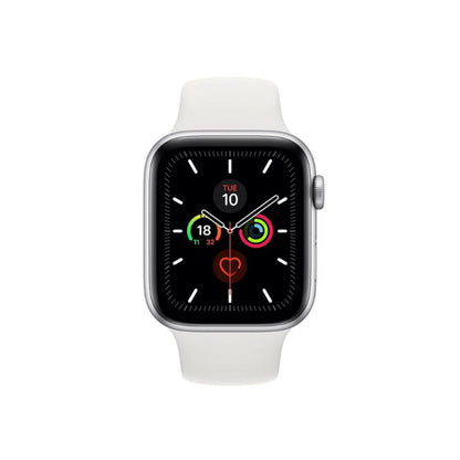 Excellent refurbished Apple Watch Series 5 44mm Silver with white sport band, front view