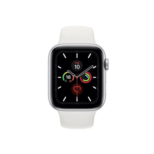 Excellent refurbished Apple Watch Series 5 44mm Silver with white sport band, front view