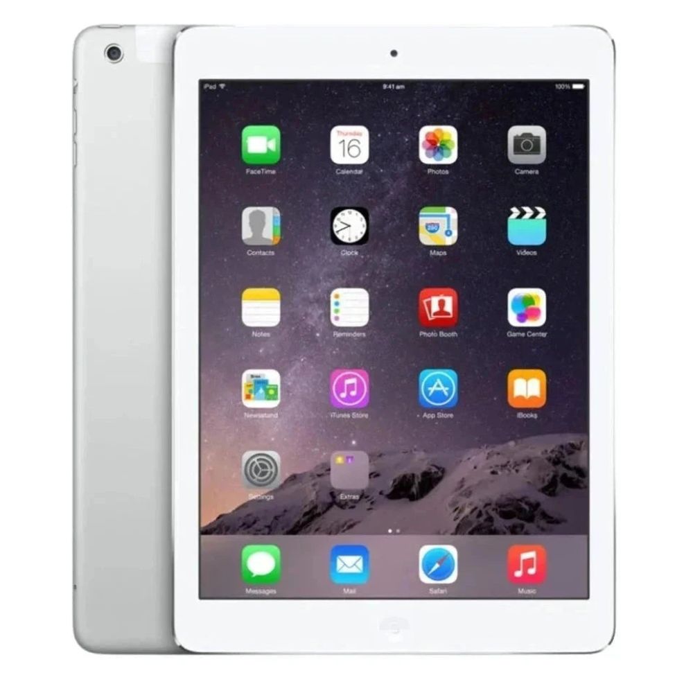Refurbished iPad Air 64 GB Space Gray – front view, screen on, clean bezels