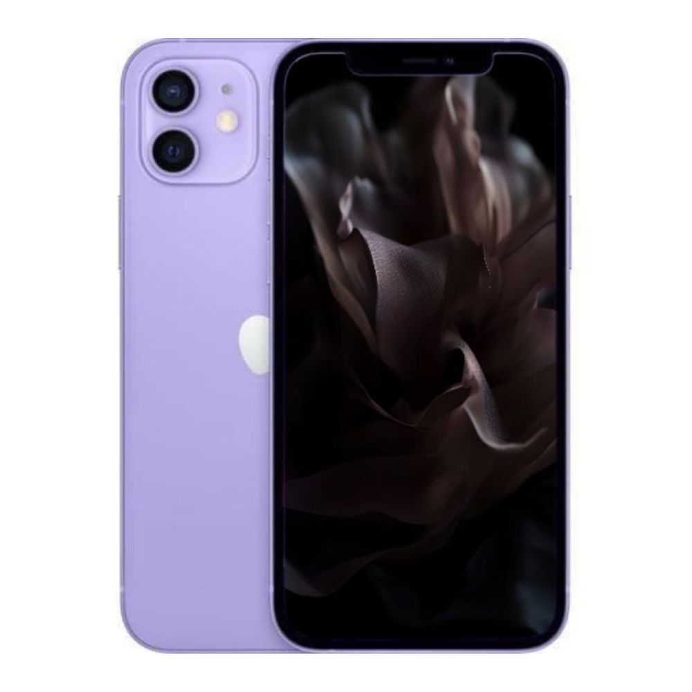 Refurbished iPhone 12 64GB – front view, screen on, black frame