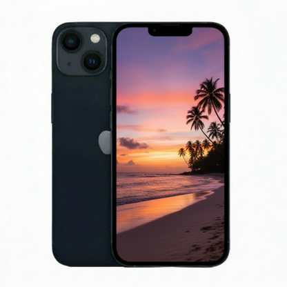 Pristine refurbished iPhone 13 128GB Midnight – front view, screen off, clean body