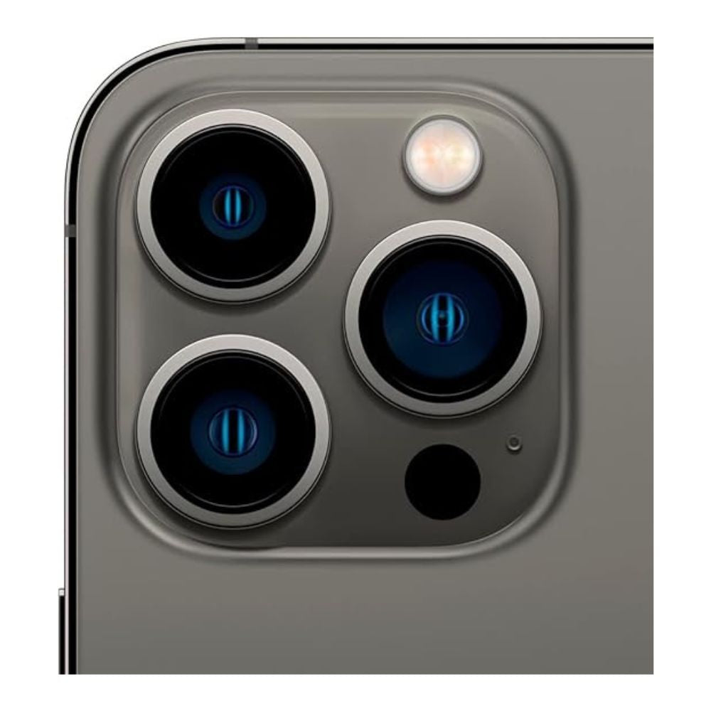 Certified refurbished 128 GB iPhone 13 Pro Max Graphite – angled shot showing display and rear cameras