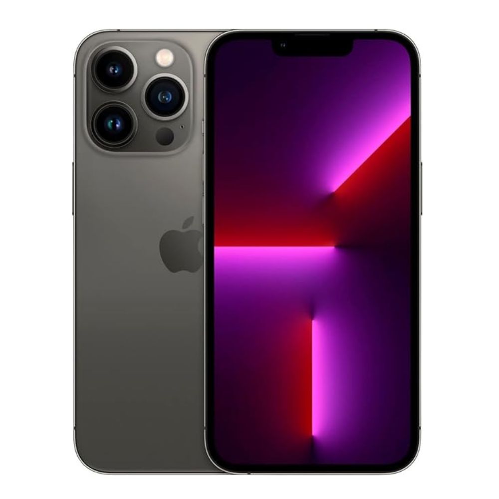 Refurbished iPhone 13 Pro Max 128 GB Graphite – front view, screen off, frame clean and polished