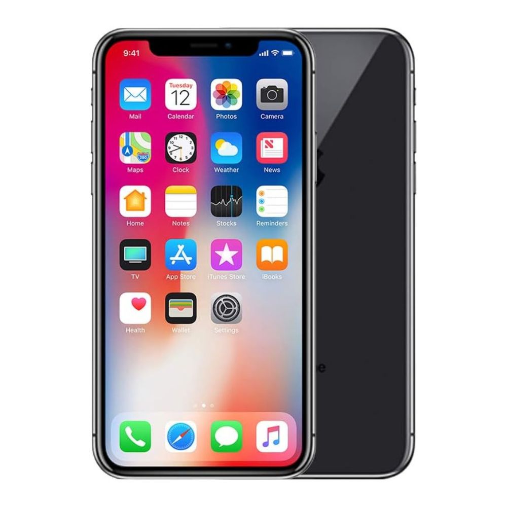 Refurbished iPhone X 64 GB – front view, clean screen and body, silver/grey frame visible