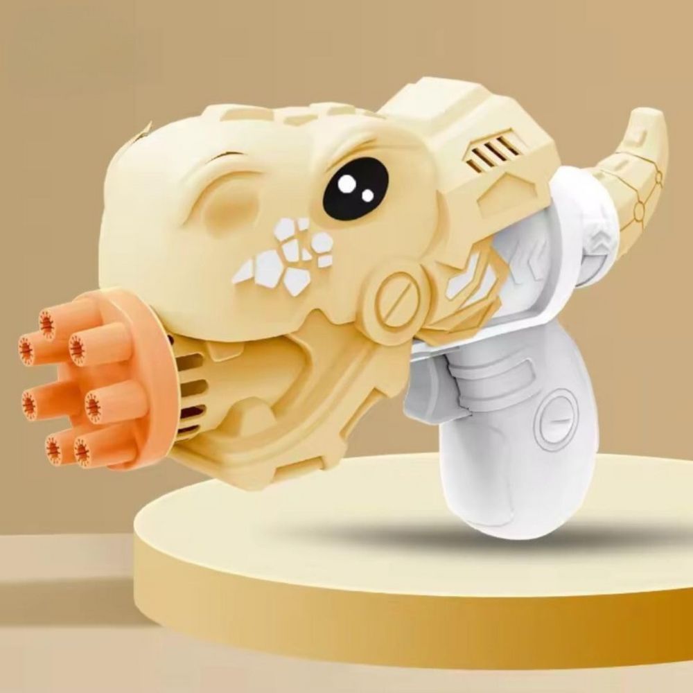 Bubble gun shown upright producing bubbles with kids’ hands nearby