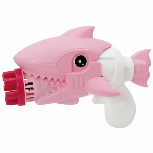 Shark bubble gun shown upright with bubbles floating around