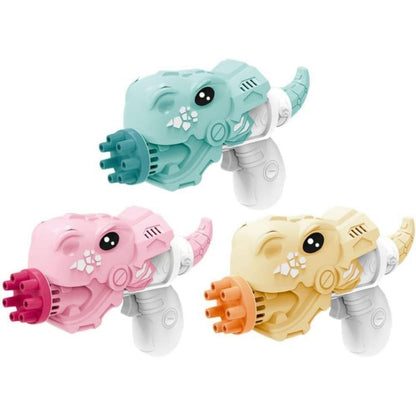 Green dinosaur bubble gun shown front view with bubbles in air