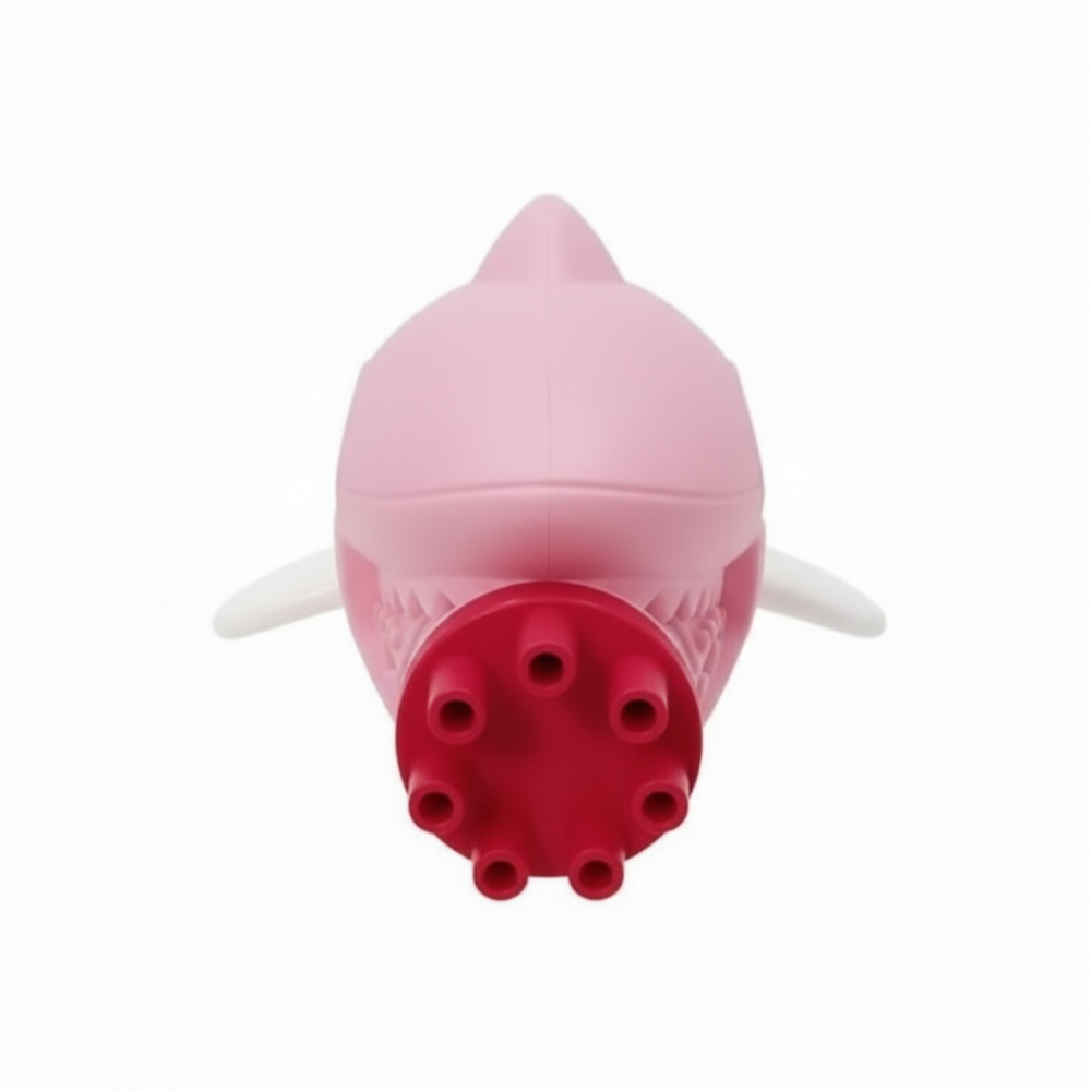 Shark-shaped bubble gun shown front view releasing bubbles