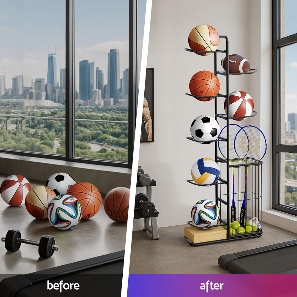 Everfit Ball Storage Rack Sports Equipment Organizer 7-Tier with Basket for Garage Gym Black Tristar Online