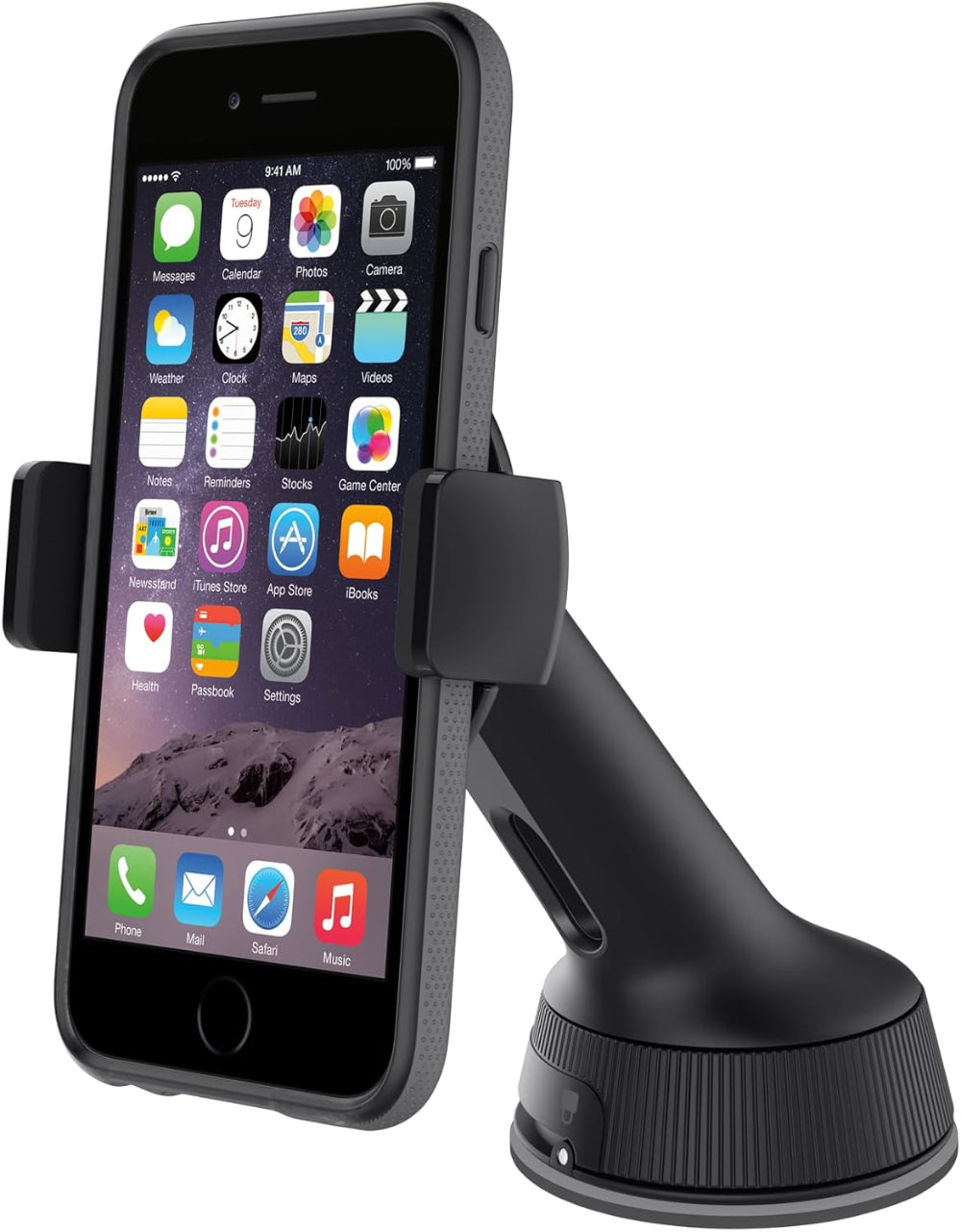 Belkin universal car mount shown attached to dashboard