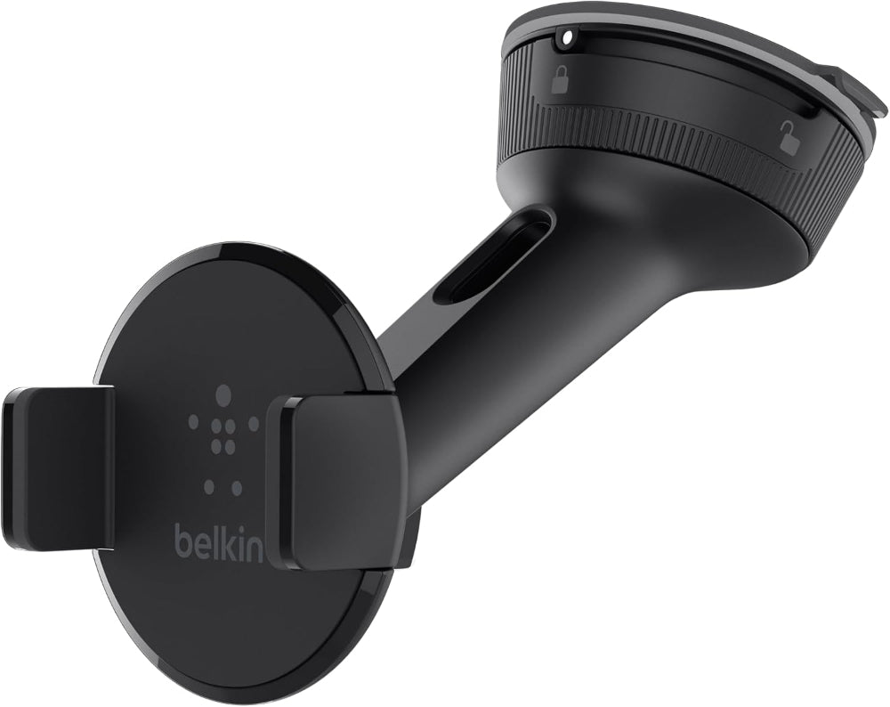 Black Belkin universal car mount holding phone