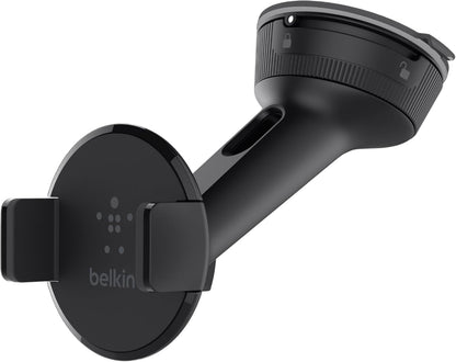 Black Belkin universal car mount holding phone