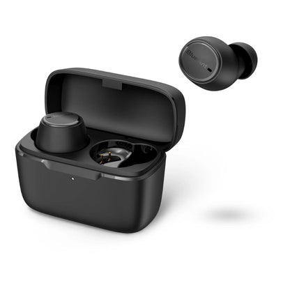 BlueAnt Pump Air Lite 2 slate black earbuds with open charging case