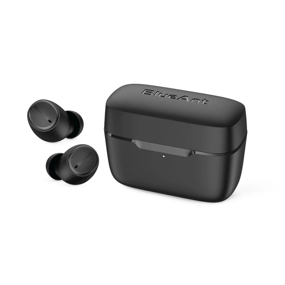 BlueAnt Pump Air Lite 2 earbuds in slate black, front view with charging case