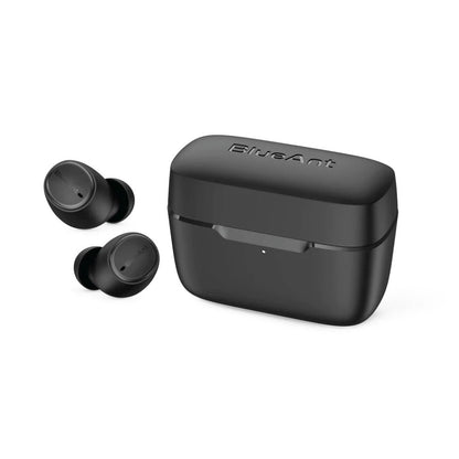 BlueAnt Pump Air Lite 2 earbuds in slate black, front view with charging case