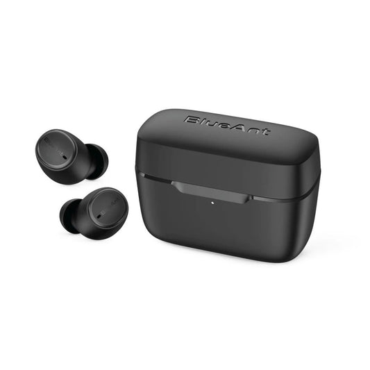 BlueAnt Pump Air Lite 2 earbuds in slate black, front view with charging case