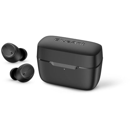 BlueAnt Pump Air Lite 2 slate black earbuds lying beside charging case
