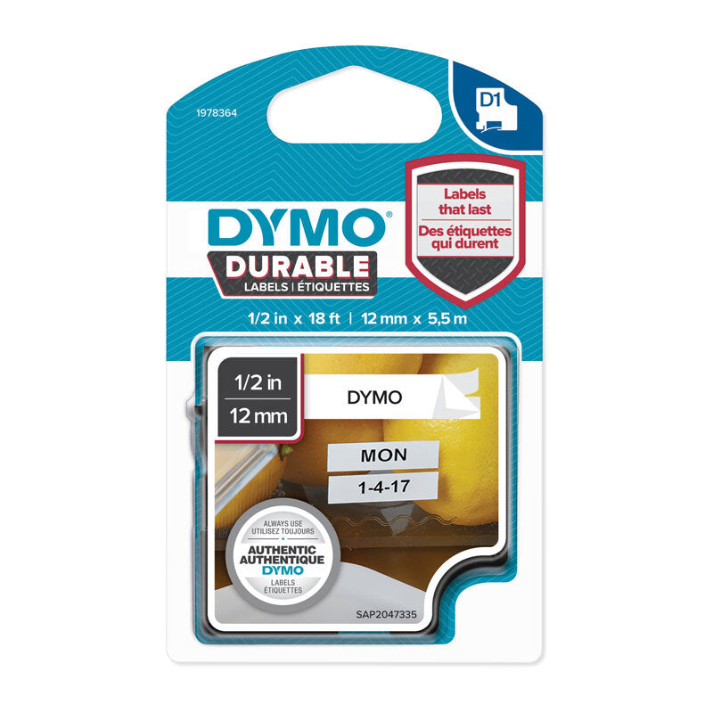 D1 Dur Blk on Wht 12mm x 5.5m Dymo