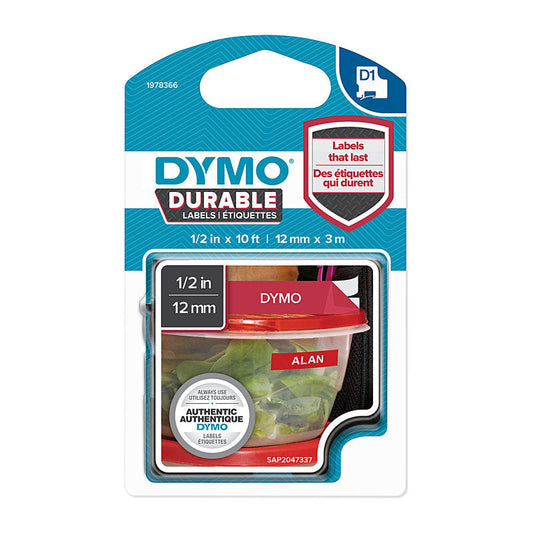 D1 Dur Wht on Red 12mm x 3m Dymo