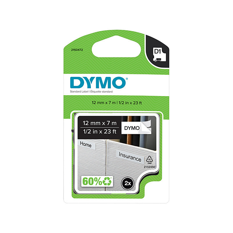 Dymo D1 Blk on Wht 12mmx7m Pk2 Dymo