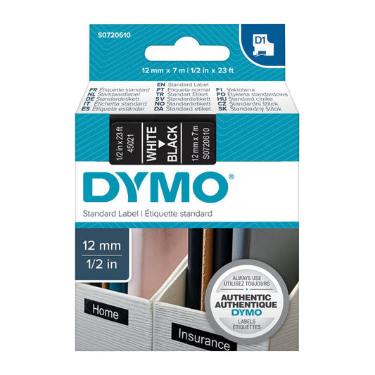 D1 Wht on Blk 12mmx7m Tape Dymo