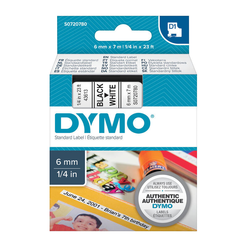 D1 Blk on Wht 6mm x7m Tape Dymo
