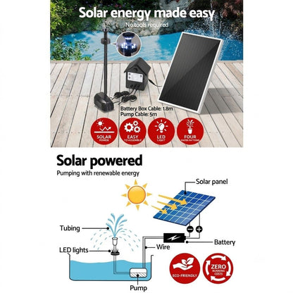 Gardeon Solar Pond Pump Submersible Water Fountain with Battery Kit LED Lights 4FT