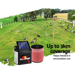 Giantz Electric Fence Energiser 3km Solar Powered Energizer Set + 1200m Tape Tristar Online