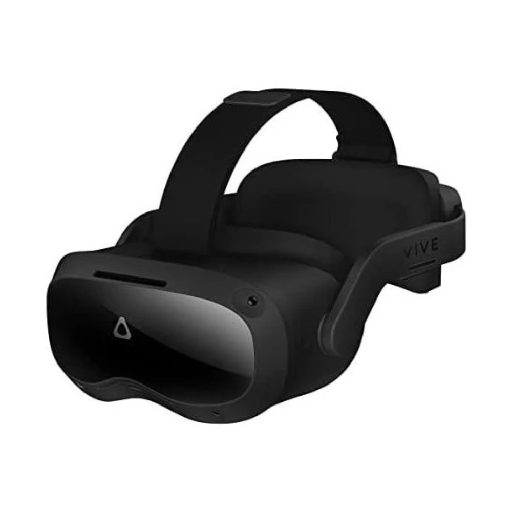 Black HTC Vive Focus 3 headset displayed front-facing with headband and visors visible
