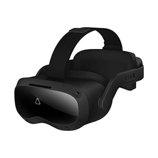 Black HTC Vive Focus 3 headset displayed front-facing with headband and visors visible
