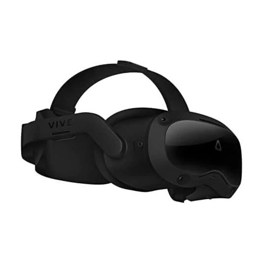 VR headset shown angled to highlight headset shell, cushioning and sleek finish