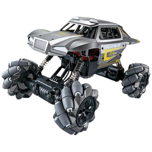 Black-and-green RC car shown at angled front view displaying rugged off-road wheels