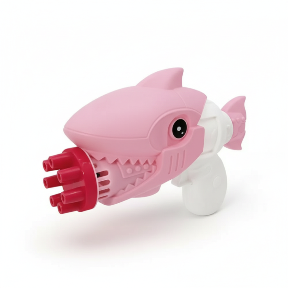 Shark bubble gun shown front-side with colorful bubbles