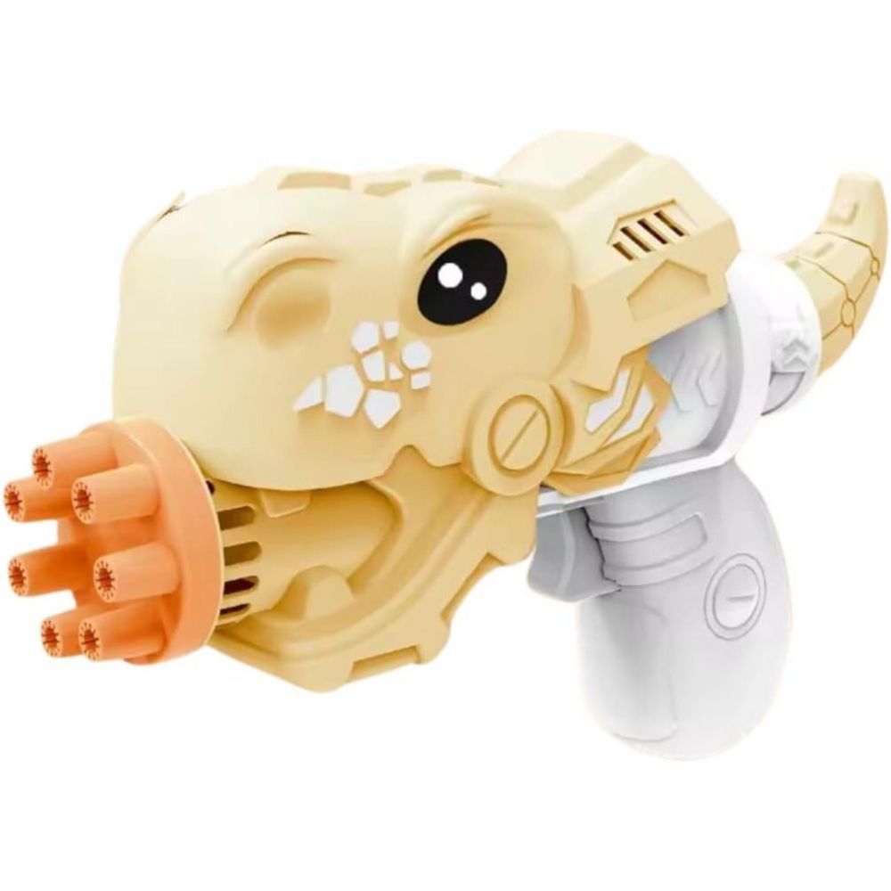Dinosaur bubble gun shown angled with bubbles coming out of nozzle