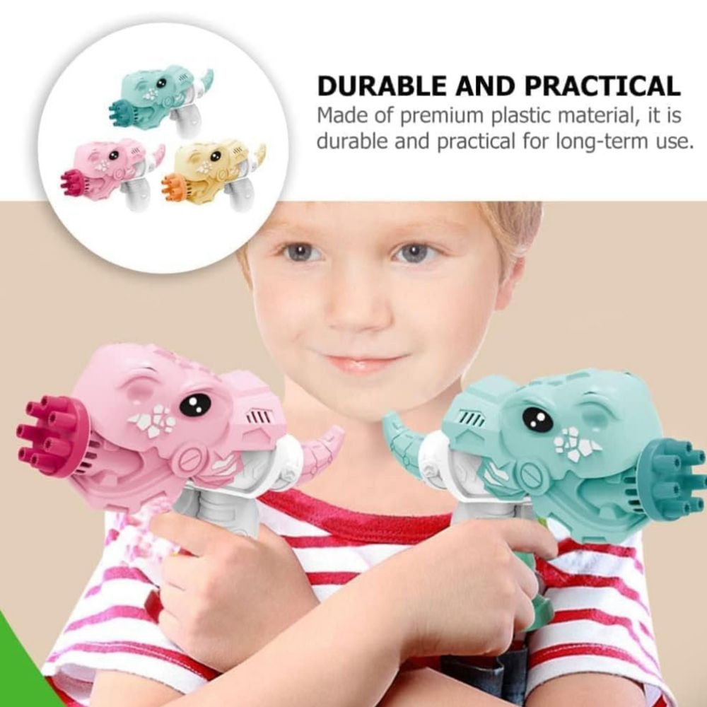 Bubble gun shown front/side with colorful bubbles around