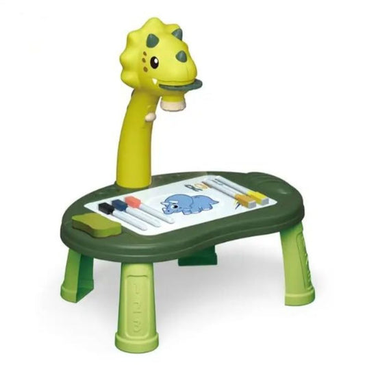 Green dinosaur themed LED projector table shown front view with drawing board and projector visible